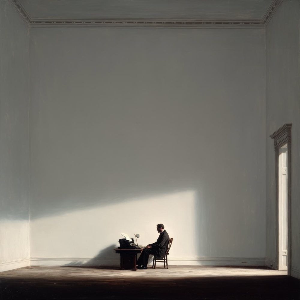 A man contemplating at a small desk in a tall, quiet white room, with a doorway to the right